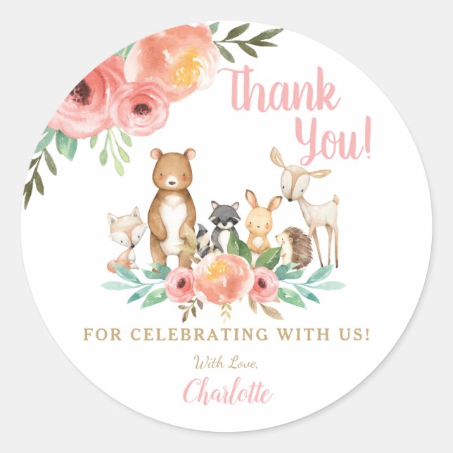 Whimsical Floral Woodland Animals Thank You Favor Classic Round Sticker (Front)