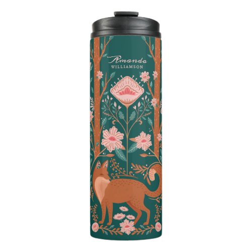 Whimsical Floral Woodland Fox Folk Art Style Green Thermal Tumbler