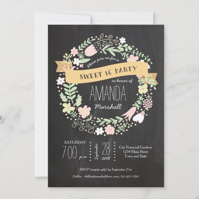 Whimsical Floral Wreath Chalkboard Sweet 16 Photo Invitation (Front)