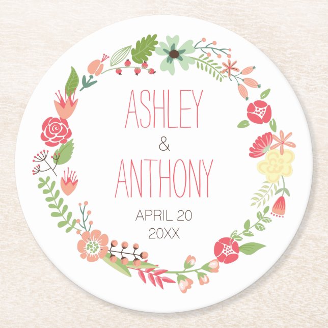 Whimsical Floral Wreath Personalized Wedding Round Paper Coaster (Front)