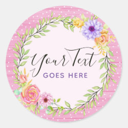 Whimsical Floral Wreath & Rustic Pink Wood Girly Classic Round Sticker