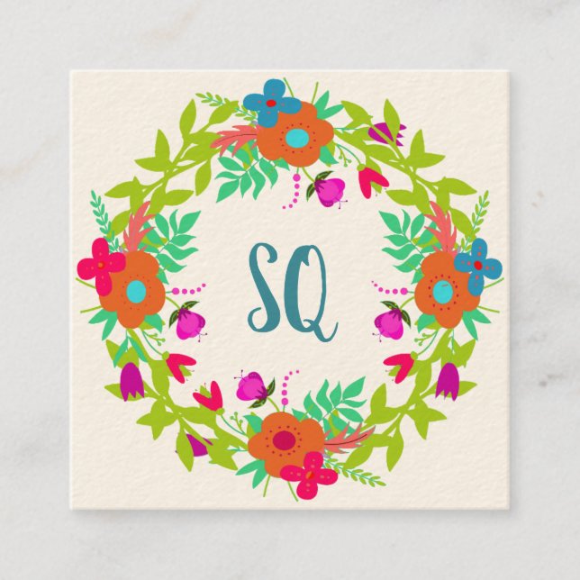 Whimsical Floral Wreath Square Business Card (Front)