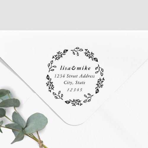 Whimsical Floral Wreath Wedding Return Address Rubber Stamp