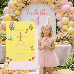 Whimsical Floral Yellow 4th Birthday Party Invitation