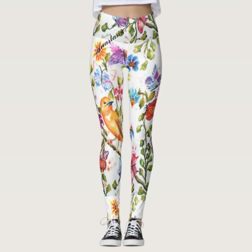 WHIMSICAL FLORALS WITH A YELLOW BIRD LEGGINGS