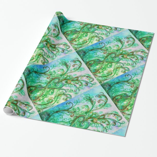 WHIMSICAL FLOURISHES bright green blue white Wrapping Paper (Unrolled)