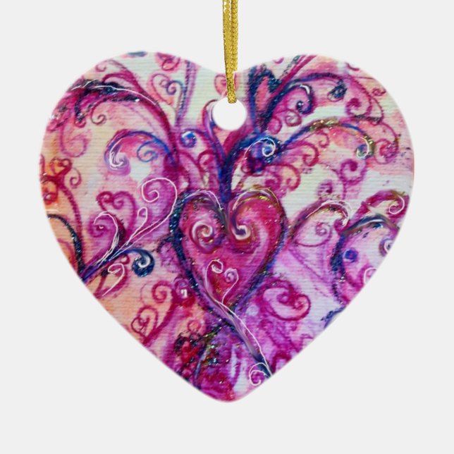 WHIMSICAL FLOURISHES HEART bright pink blue Ceramic Ornament (Front)