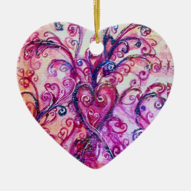 WHIMSICAL FLOURISHES HEART  bright pink blue green Ceramic Ornament (Front)