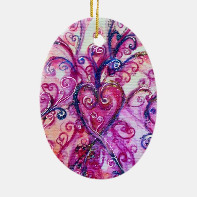 WHIMSICAL FLOURISHES HEART bright pink fuchsia Ceramic Ornament (Back)