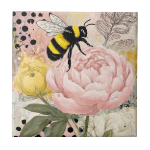 Whimsical Flower and Bee – Cozy Floral (2) Ceramic Tile
