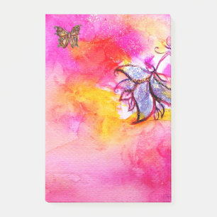 WHIMSICAL FLOWER AND BUTTERFLY Pink Fuchsia Yellow Post-it Notes