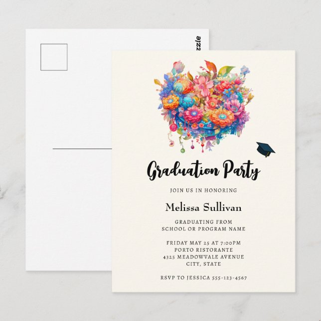 Whimsical Flower Bouquet Graduation Invitation Postcard (Front/Back)