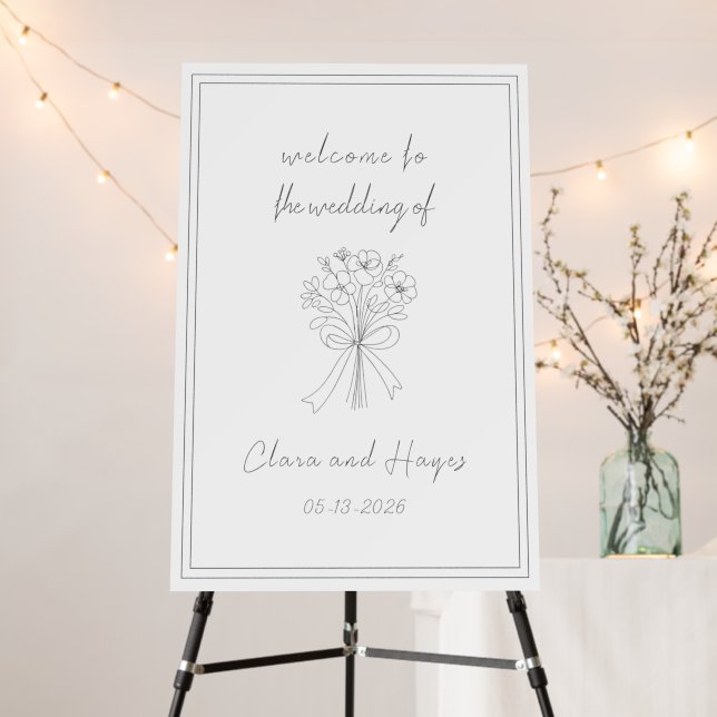 Whimsical Flower & Bow Sketch Wedding Welcome Sign (In Situ (Stand))