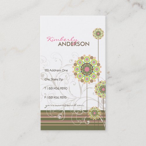 Whimsical Floral Flower Dots Swirls Trendy Stripes Business Card
