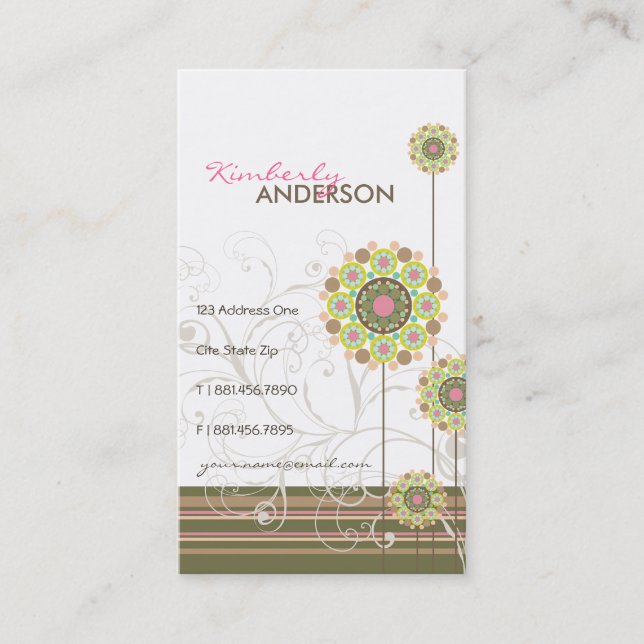 Whimsical Flower Dots Bloom And Swirls Modern Chic Business Card (Front)