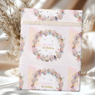 Whimsical flower fairy garden 4th birthday wrapping paper