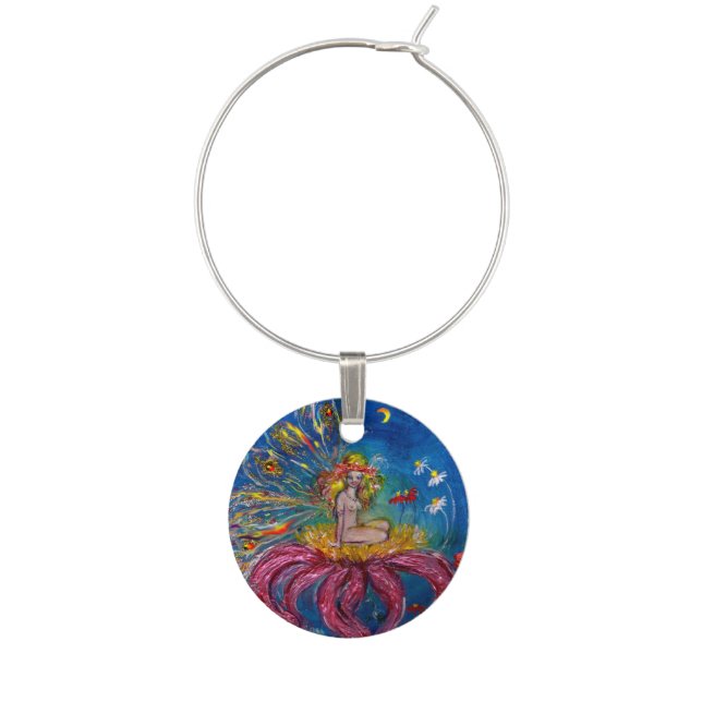 WHIMSICAL FLOWER FAIRY IN PINK AND GOLD SPARKLES WINE CHARM (Front)