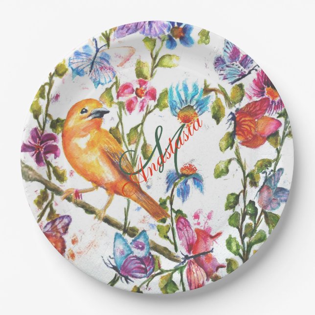 WHIMSICAL FLOWER GARDEN MONOGRAM PARTY PAPER PLATES (Front)