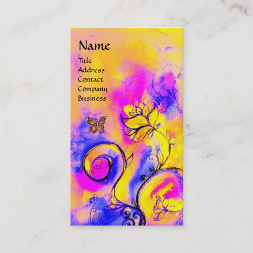 WHIMSICAL FLOWERGOLD BUTTERFLY Yellow Pink Floral Business Card