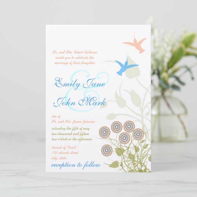 Whimsical Flower & Humming Bird Wedding Invitation (Standing Front)