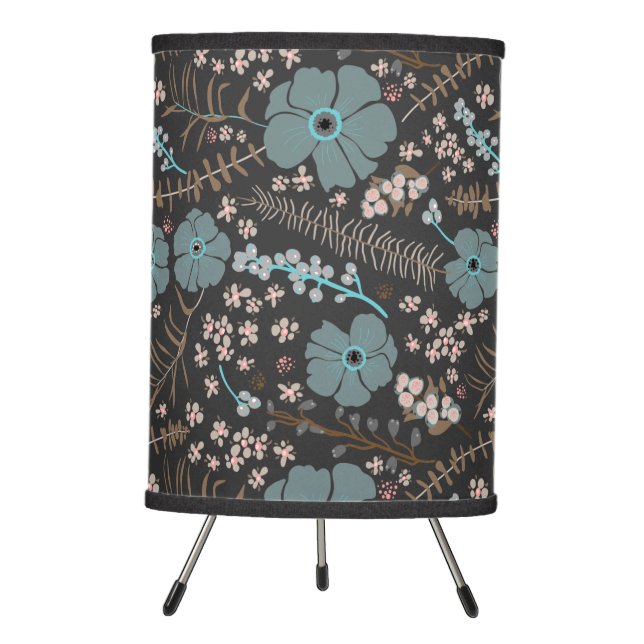 Whimsical Flower Mix Teal Pink Gray Flowing Floral Tripod Lamp (Front)