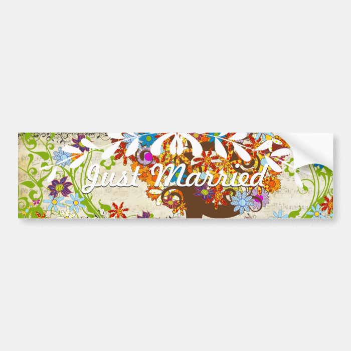 Whimsical Flower Tree Wedding Bumper Sticker