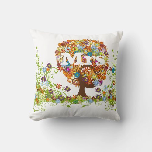 Whimsical Flower Tree Wedding Throw Pillow