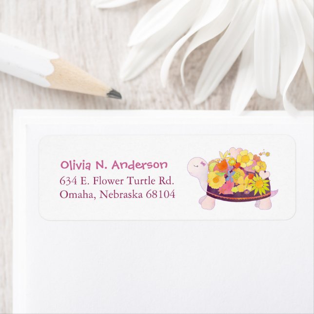 Whimsical Flower Turtle Address Label (Insitu)