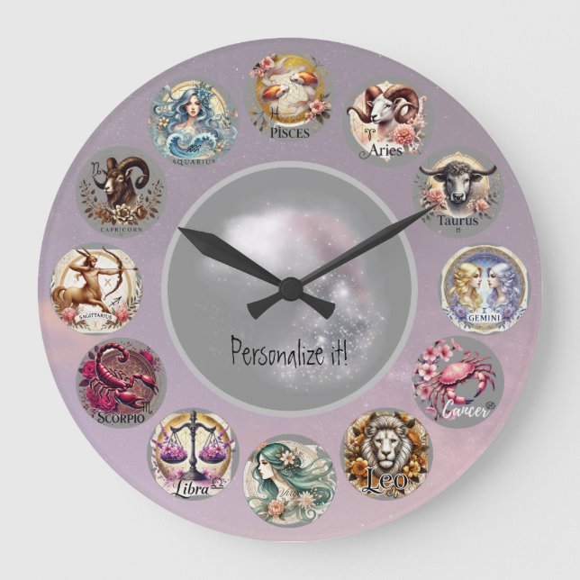 Whimsical Flower Zodiac Sign Large Clock (Front)