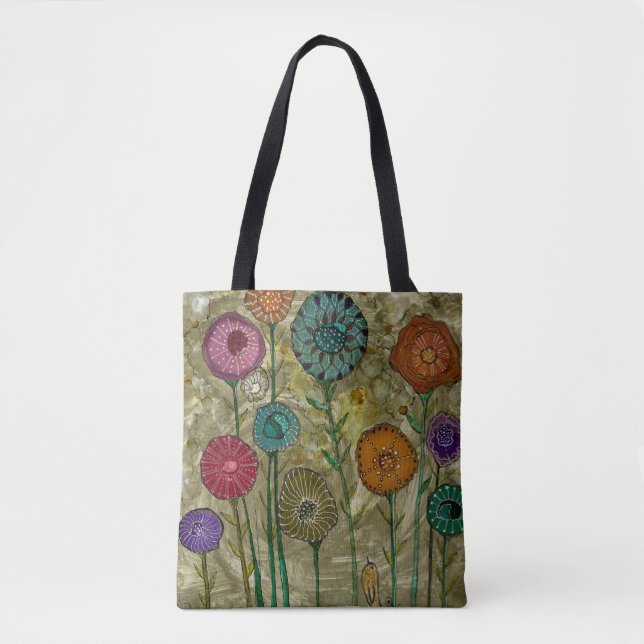 Whimsical Flowers and a Little Bird Tote Bag (Front)