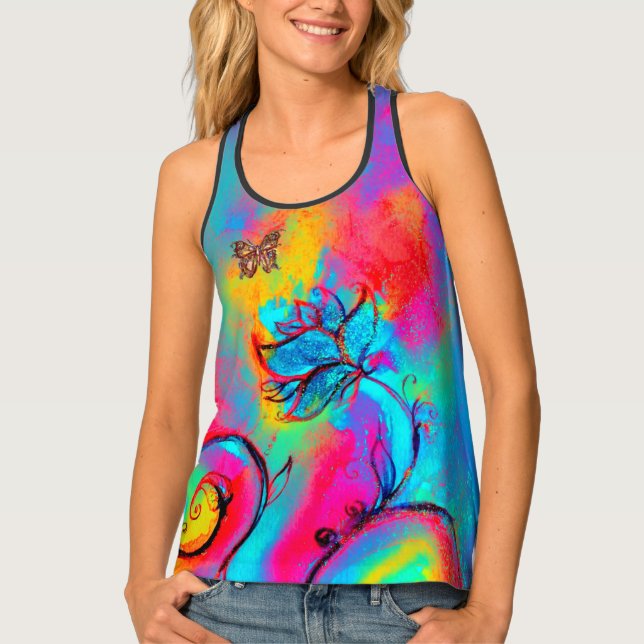 WHIMSICAL FLOWERS AND BUTTERFLIES Blue Pink Yellow Tank Top (Front)
