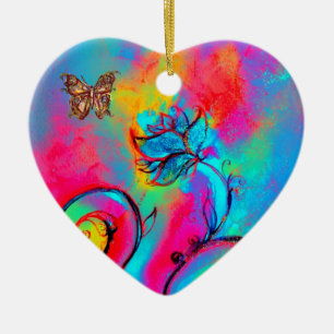 WHIMSICAL FLOWERS AND BUTTERFLIES HEART CERAMIC ORNAMENT