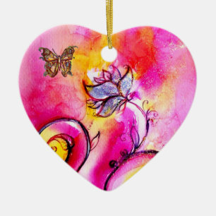 WHIMSICAL FLOWERS AND BUTTERFLIES HEART CERAMIC ORNAMENT