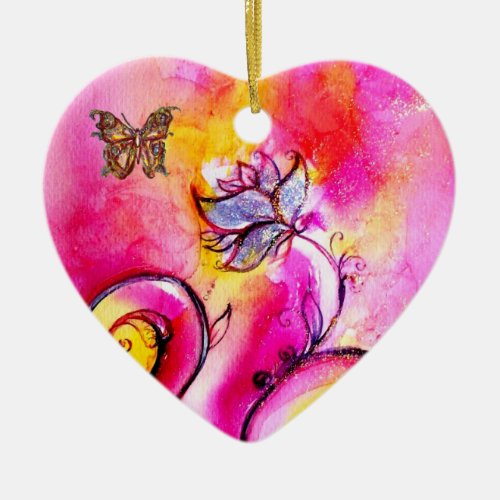 WHIMSICAL FLOWERS  AND BUTTERFLIES HEART CERAMIC ORNAMENT