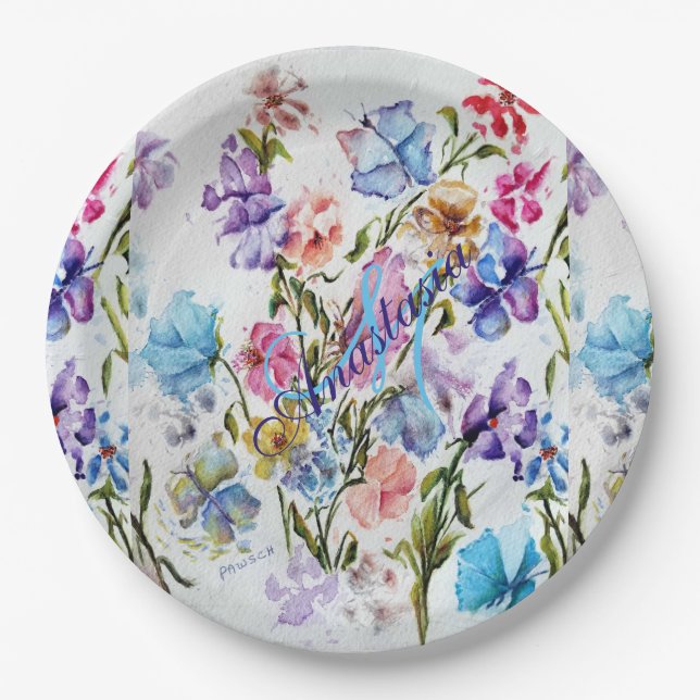 WHIMSICAL FLOWERS AND BUTTERFLIES MONOGRAM PARTY PAPER PLATES (Front)
