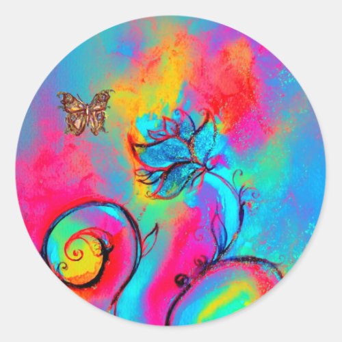 WHIMSICAL FLOWERS AND GOLD  BUTTERFLY CLASSIC ROUND STICKER