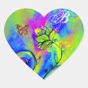 WHIMSICAL FLOWERS AND GOLD  BUTTERFLY MONOGRAM HEART STICKER
