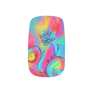 WHIMSICAL FLOWERS  aqua blue pink yellow Minx Nail Art