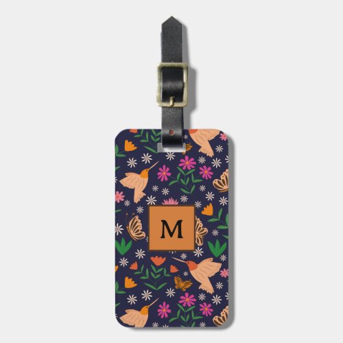 Whimsical Flowers birds butterfly monogram  Luggage Tag