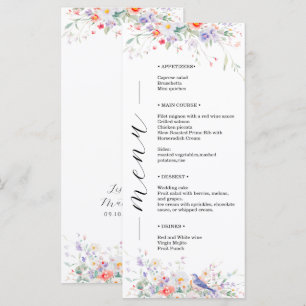 Whimsical Flowers & Blue Birds Watercolor Wedding Menu