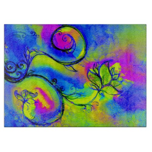 WHIMSICAL FLOWERS  blue pink green yellow Cutting Board