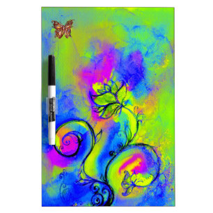 WHIMSICAL FLOWERS & BUTTERFLIES  blue green yellow Dry Erase Board