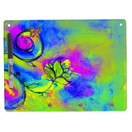 WHIMSICAL FLOWERS &amp; BUTTERFLIES  blue green yellow Dry Erase Board With Keychain Holder