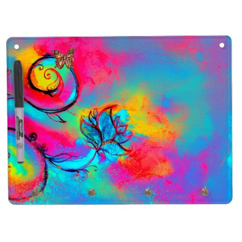 WHIMSICAL FLOWERS  BUTTERFLIES  blue green yellow Dry Erase Board With Keychain Holder
