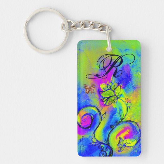 WHIMSICAL FLOWERS & BUTTERFLIES blue green yellow Keychain (Front)