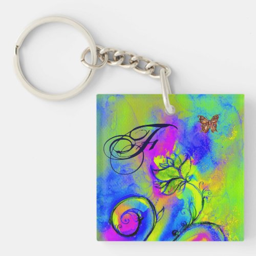 WHIMSICAL FLOWERS  BUTTERFLIES blue green yellow Keychain