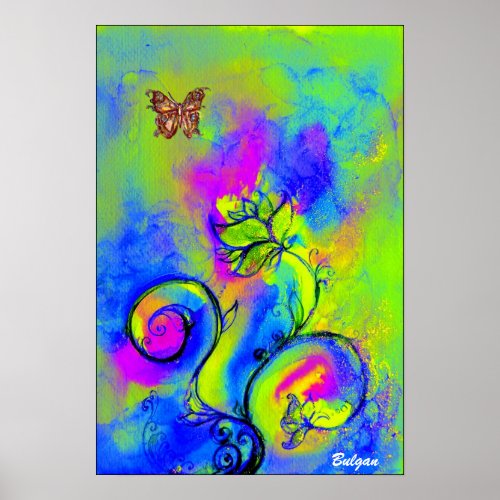 WHIMSICAL FLOWERS  BUTTERFLIES  blue green yellow Poster