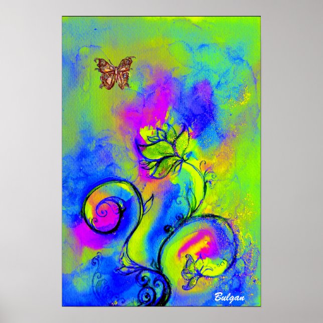 WHIMSICAL FLOWERS & BUTTERFLIES  blue green yellow Poster (Front)