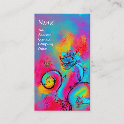 WHIMSICAL FLOWERS  BUTTERFLIES blue pink yellow Business Card