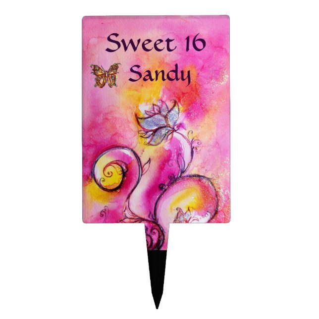 WHIMSICAL FLOWERS & BUTTERFLIES pink blue yellow Cake Topper (Front)